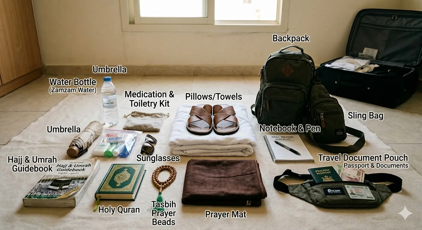 A daypack with a refillable water bottle, prayer mat, medical kit and power bank, ready for a day at the Haram